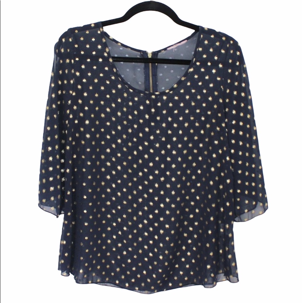 ROMEO & JULIET COUTURE Navy Gold Dot Sheer Top S